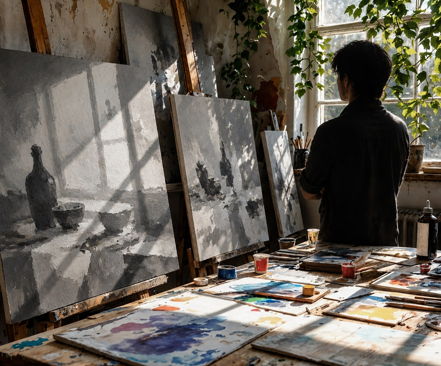静かなアトリエと完成を待つ一点の作品